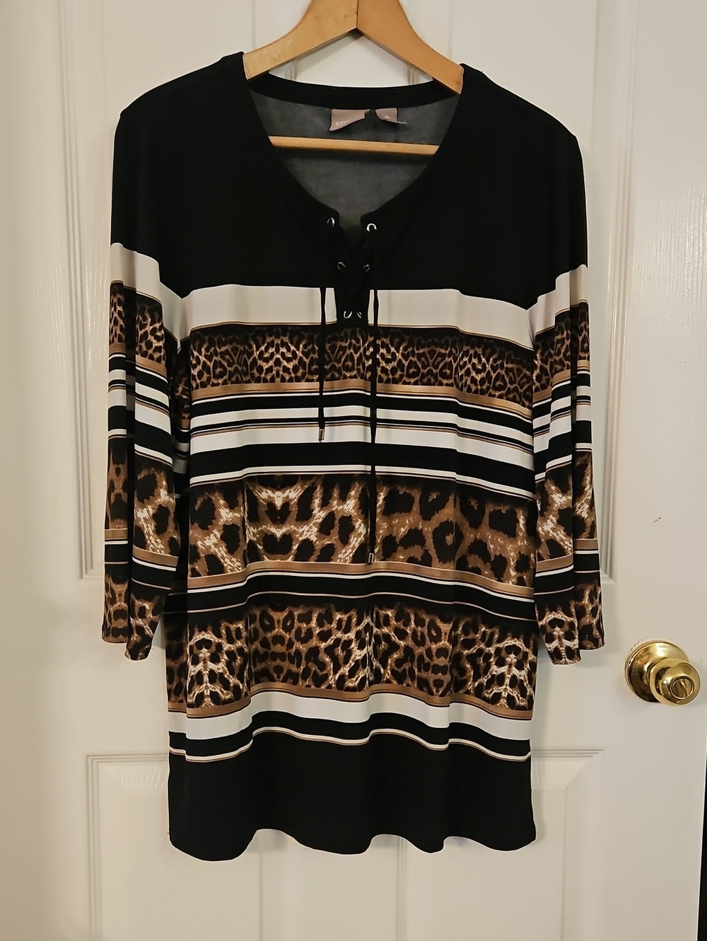 Chico's Black Leopard & Stripe Lace-Up Long Sleeve Top